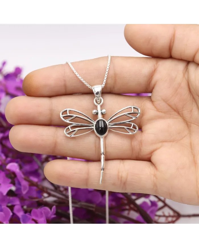 Black Onyx Dragonfly Pendant - 925 Sterling Silver Statement Necklace