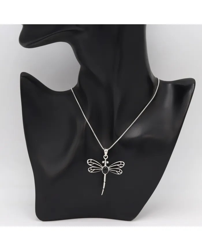 Black Onyx Dragonfly Pendant - 925 Sterling Silver Statement Necklace