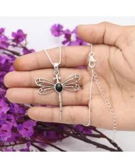Black Onyx Dragonfly Pendant - 925 Sterling Silver Statement Necklace