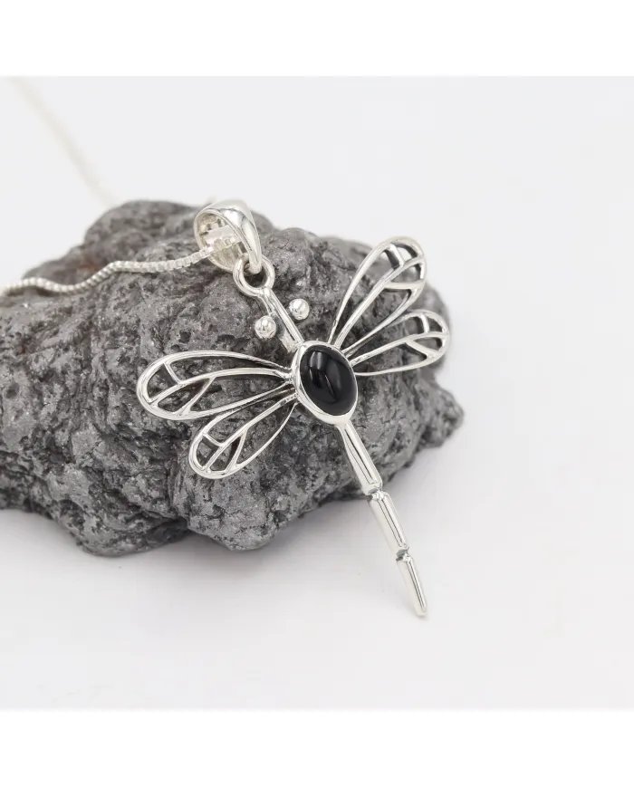 Black Onyx Dragonfly Pendant - 925 Sterling Silver Statement Necklace