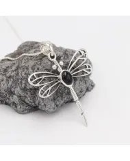 Black Onyx Dragonfly Pendant - 925 Sterling Silver Statement Necklace
