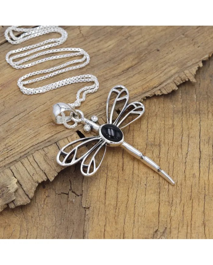 Black Onyx Dragonfly Pendant - 925 Sterling Silver Statement Necklace