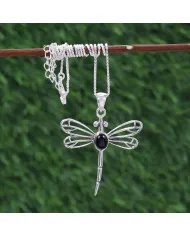 Black Onyx Dragonfly Pendant - 925 Sterling Silver Statement Necklace