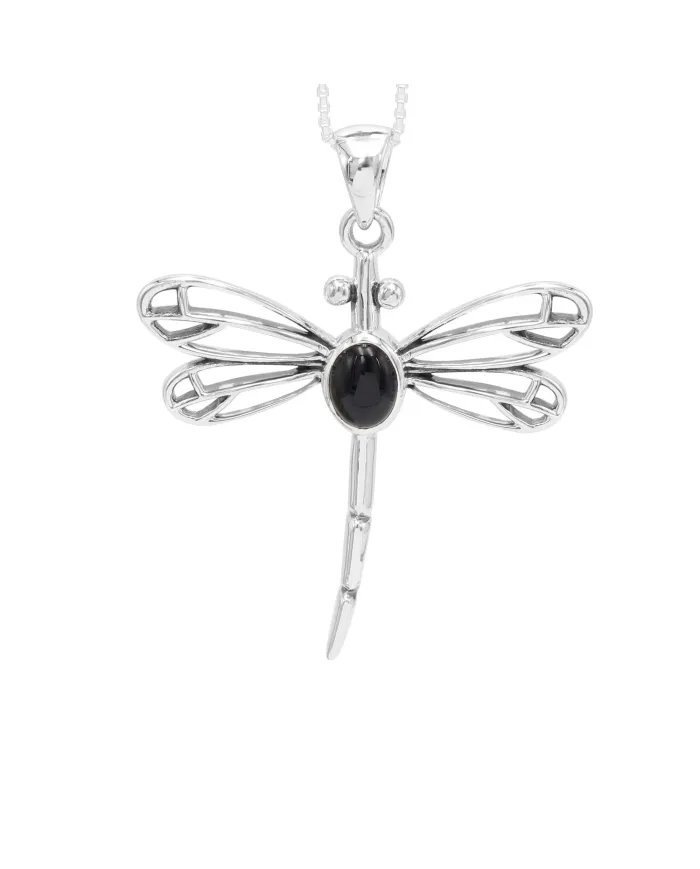 Black Onyx Dragonfly Pendant - 925 Sterling Silver Statement Necklace