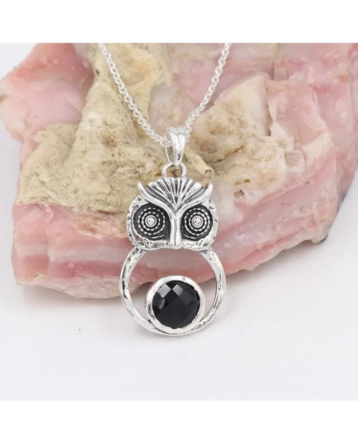 Black Onyx Owl Pendant - 925 Sterling Silver Oxidized Jewelry