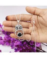 Black Onyx Owl Pendant - 925 Sterling Silver Oxidized Jewelry