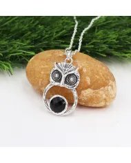 Black Onyx Owl Pendant - 925 Sterling Silver Oxidized Jewelry