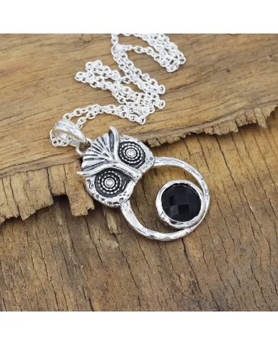 Black Onyx Owl Pendant - 925 Sterling Silver Oxidized Jewelry
