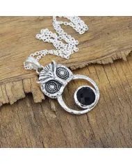 Black Onyx Owl Pendant - 925 Sterling Silver Oxidized Jewelry