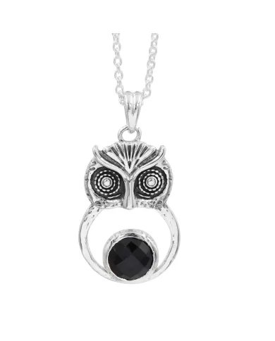 Black Onyx Owl Pendant - 925 Sterling Silver Oxidized Jewelry