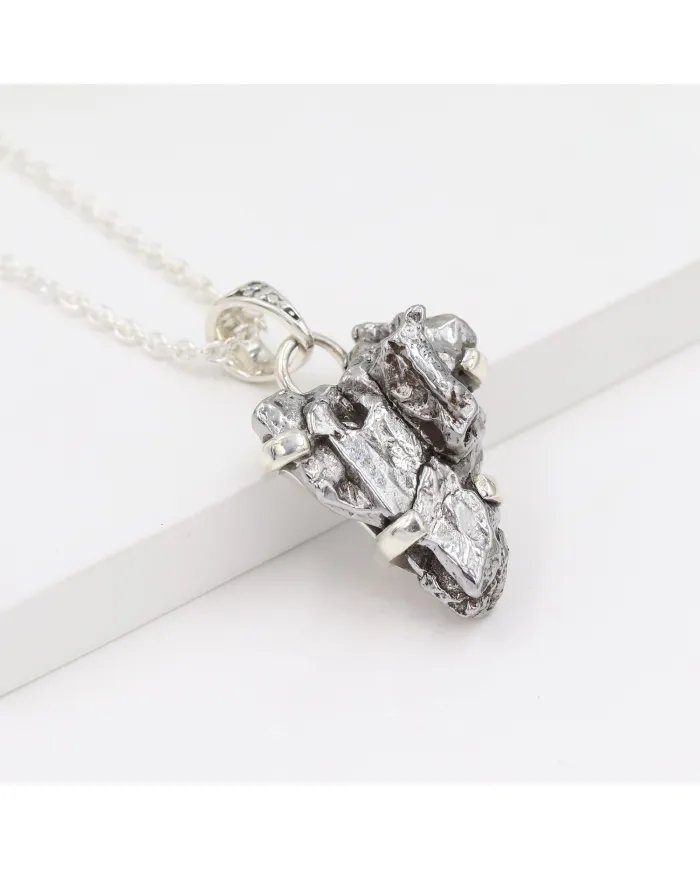 Raw Meteorite Pendant - Handmade 925 Sterling Silver Gemstone Jewelry