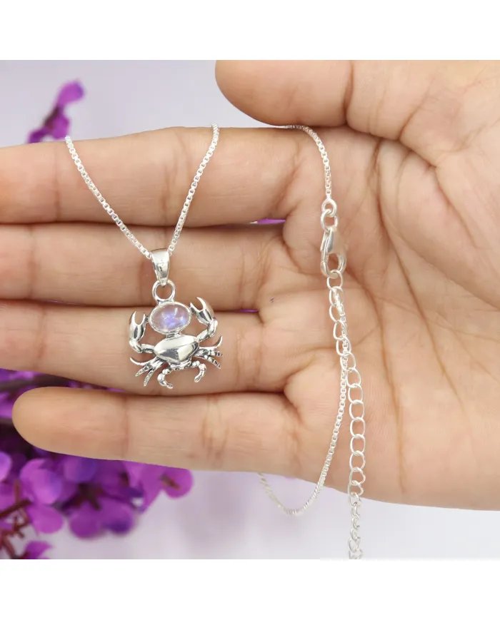 Rainbow Moonstone Crab Pendant - 925 Sterling Silver Jewelry