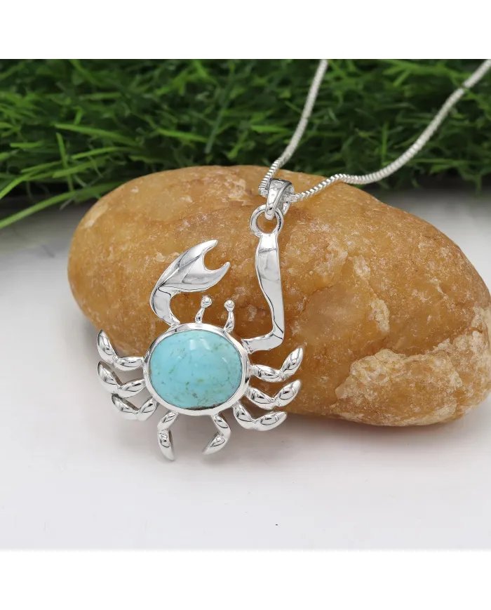 Arizona Turquoise Crab Pendant - 925 Sterling Silver Handmade Jewelry