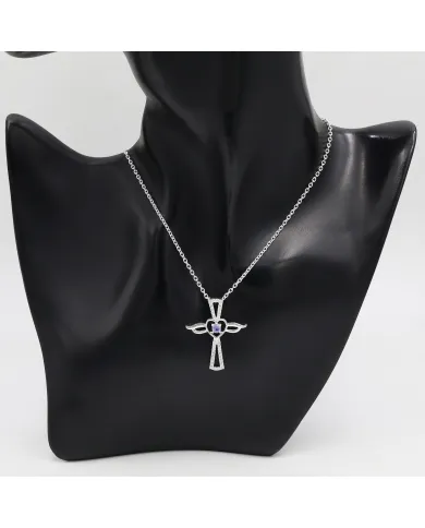 925 Silver Tanzanite & Swarovski Crystal Angel Wings Cross Pendant