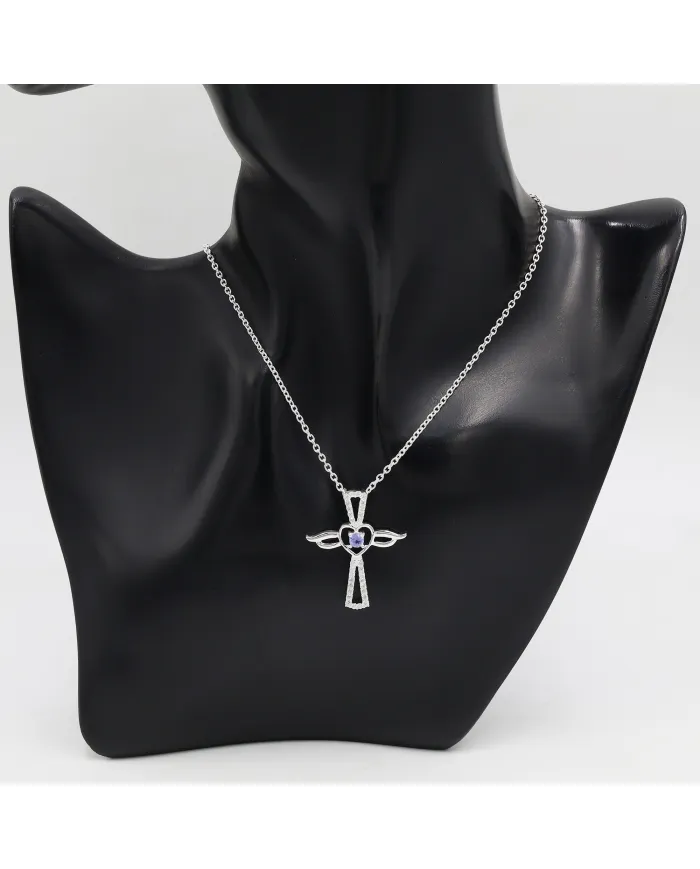 925 Silver Tanzanite & Swarovski Crystal Angel Wings Cross Pendant
