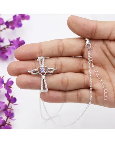 Tanzanite & Swarovski Crystal Angel Wings Cross Pendant – 925 Silver Jewelry