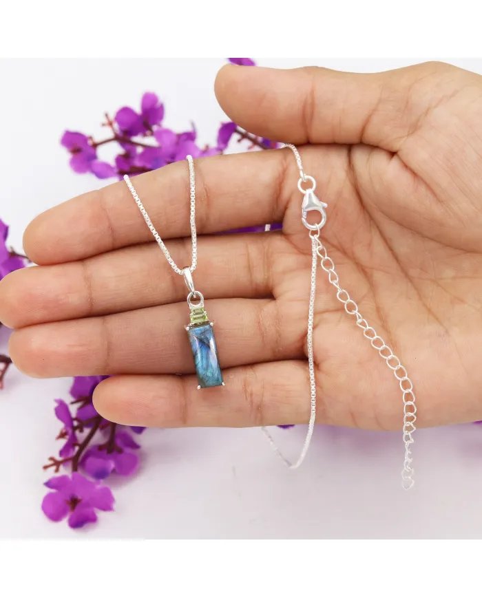 Labradorite Pendant Necklace with Peridot Accent – 925 Silver Jewelry