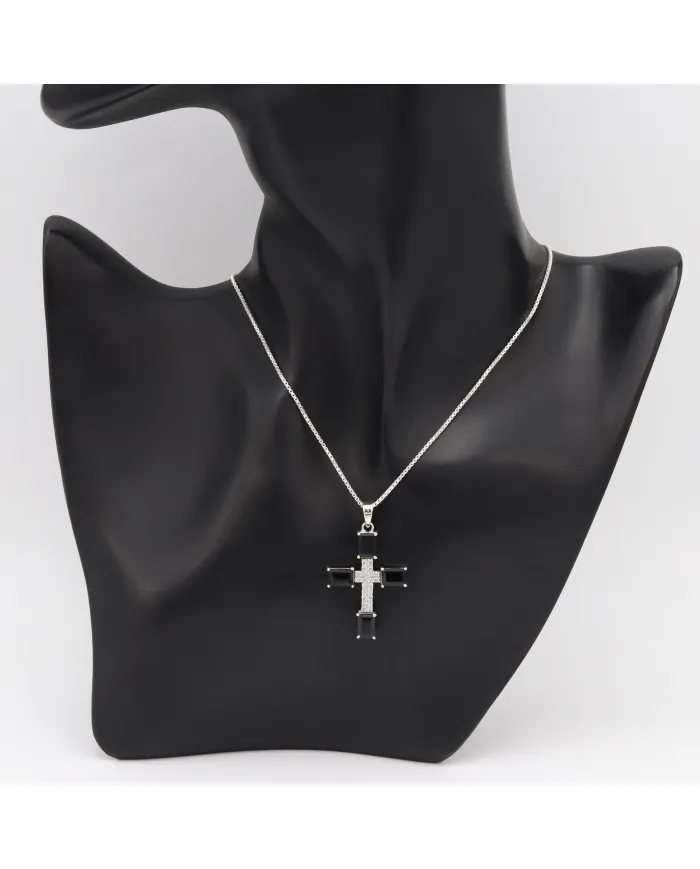 925 Silver Black Onyx & Swarovski Crystal Cross Pendant Necklace