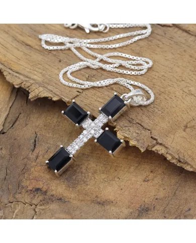 Black Onyx & Swarovski Crystal Cross Pendant - 925 Sterling Silver Jewelry