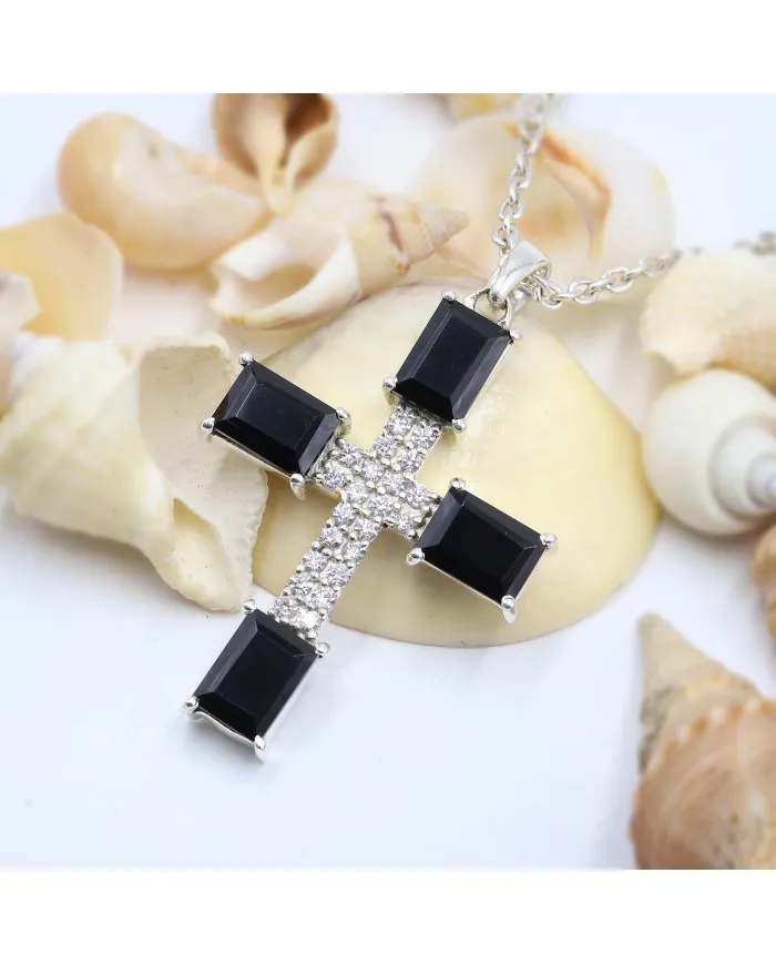 925 Silver Black Onyx & Swarovski Crystal Cross Pendant Necklace