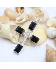925 Silver Black Onyx & Swarovski Crystal Cross Pendant Necklace