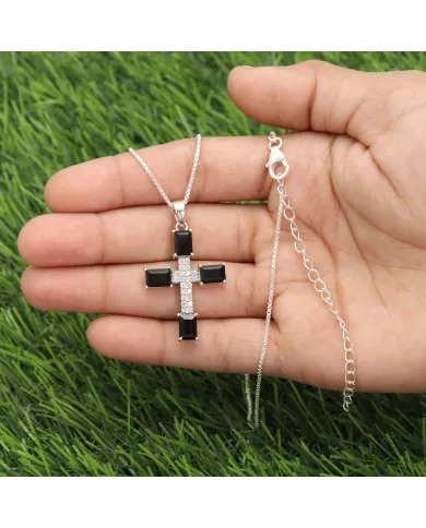925 Silver Black Onyx & Swarovski Crystal Cross Pendant Necklace