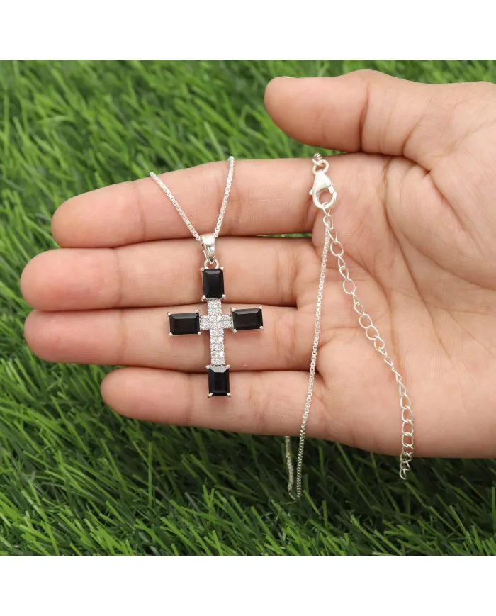 925 Silver Black Onyx & Swarovski Crystal Cross Pendant Necklace