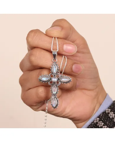 Rainbow Moonstone Cross Pendant Necklace, 925 Sterling Silver Gift