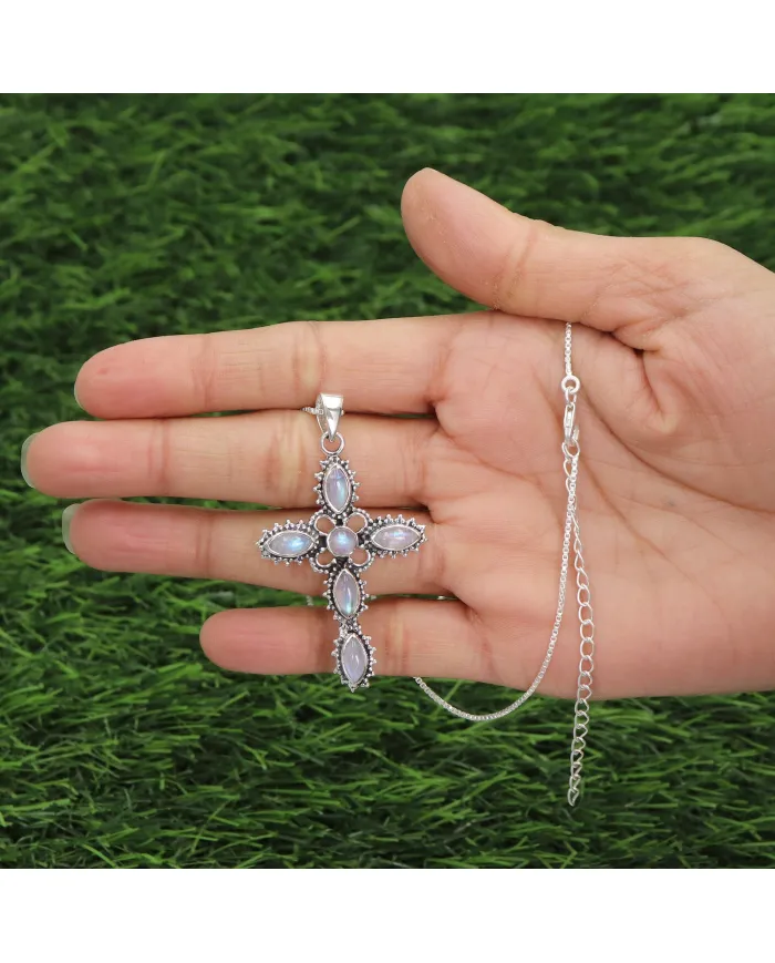 Rainbow Moonstone Cross Pendant Necklace, 925 Sterling Silver Gift