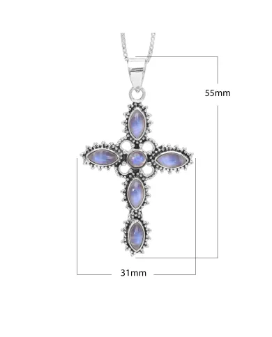 Rainbow Moonstone Cross Pendant Necklace, 925 Sterling Silver Gift