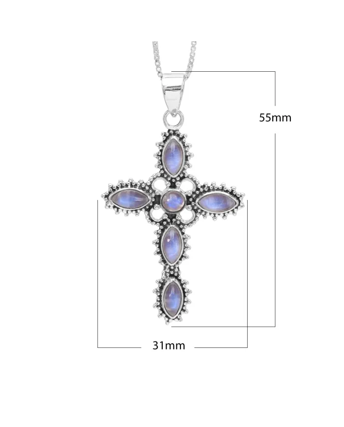 Rainbow Moonstone Cross Pendant Necklace, 925 Sterling Silver Gift