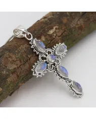 Rainbow Moonstone Cross Pendant Necklace, 925 Sterling Silver Gift