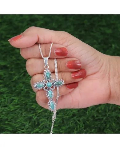Holy Cross Turquoise Pendant - 925 Sterling Silver Religious Jewelry