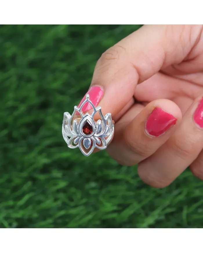 Lotus Garnet Ring - 925 Sterling Silver Ring Engagement Ring Promise Ring Statement Ring January Birthstone Women's Ring