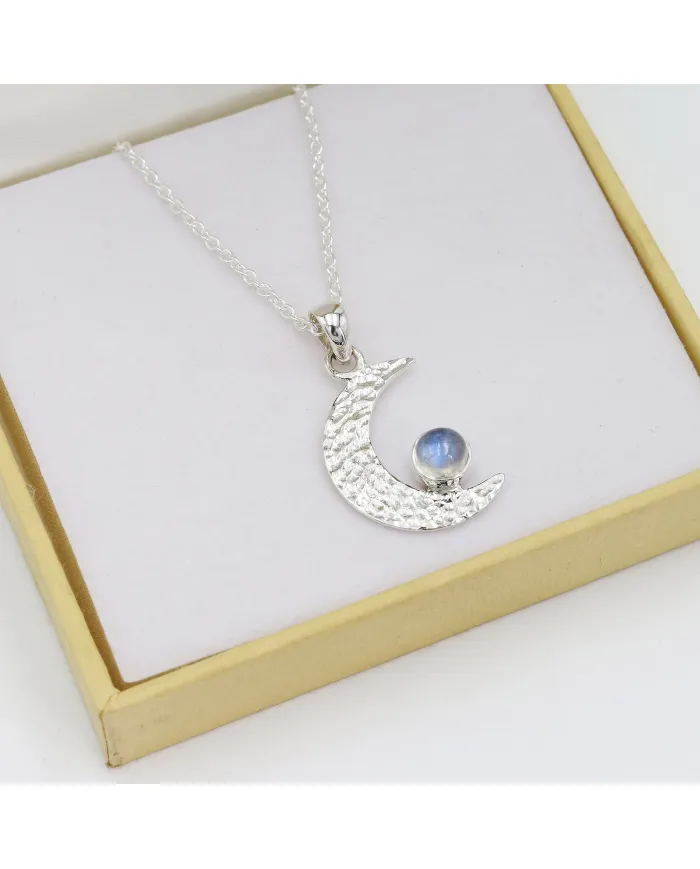 Rainbow Moonstone Pendant – 925 Sterling Silver Crescent Charm Necklace