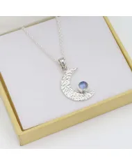 Rainbow Moonstone Pendant – 925 Sterling Silver Crescent Charm Necklace