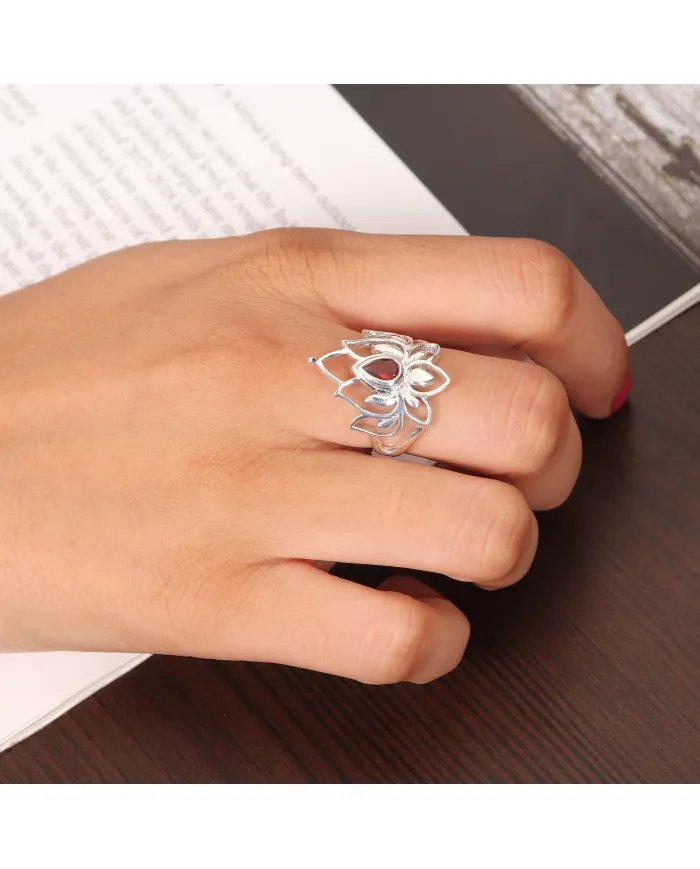 Lotus Garnet Ring - 925 Sterling Silver Ring Engagement Ring Promise Ring Statement Ring January Birthstone Women's Ring