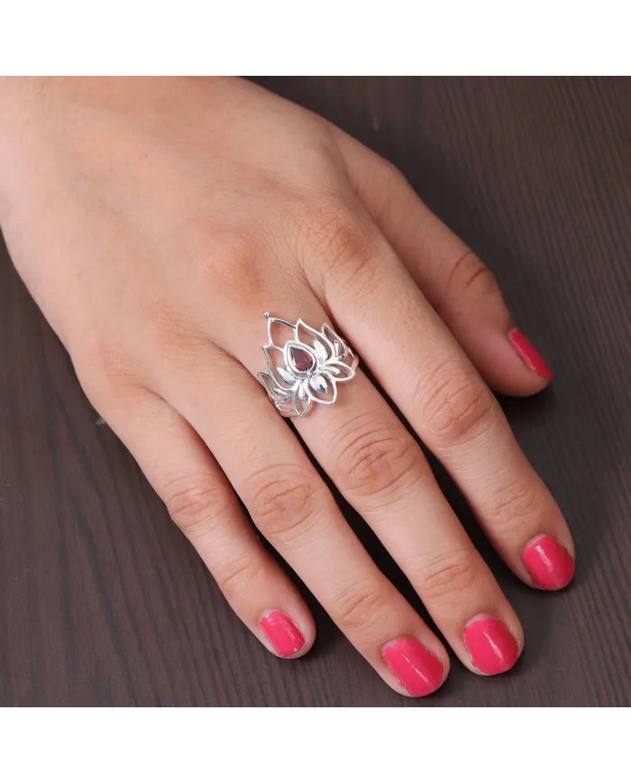 Lotus Garnet Ring - 925 Sterling Silver Ring Engagement Ring Promise Ring Statement Ring January Birthstone Women's Ring