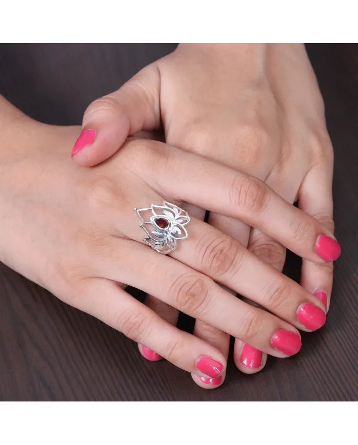 Lotus Garnet Ring - 925 Sterling Silver Ring Engagement Ring Promise Ring Statement Ring January Birthstone Women's Ring