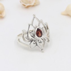 Lotus Flower Ring, Garnet Ring, 925 Silver Ring, Engagement Ring, Promise Ring, Statement Ring, January Birthstone, Women's Ring