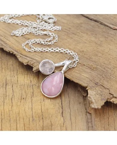 Natural Pink Opal Pendant - Sterling Silver Rose Quartz Pendant Peruvian Opal Pendant with Chain Dainty Pendant for Women