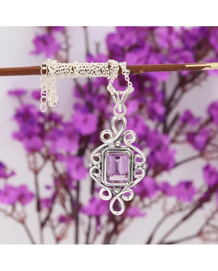 Natural Amethyst Pendant - 925 Sterling Silver Handmade Boho Jewelry