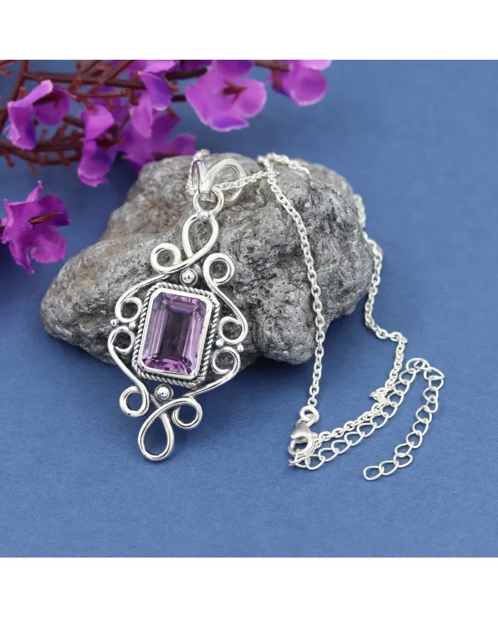 Natural Amethyst Pendant - 925 Sterling Silver Handmade Boho Jewelry
