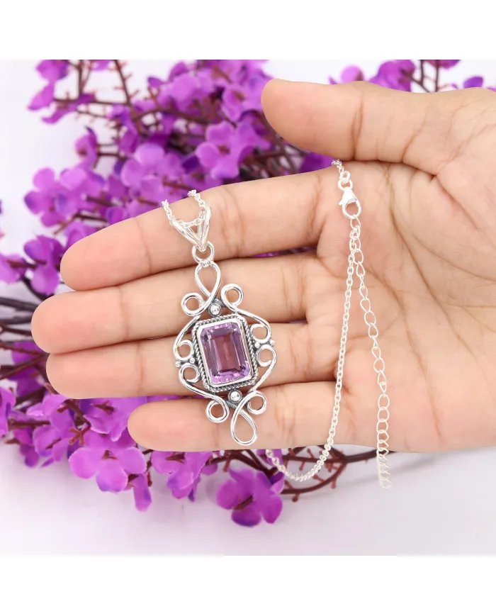 Natural Amethyst Pendant - 925 Sterling Silver Handmade Boho Jewelry
