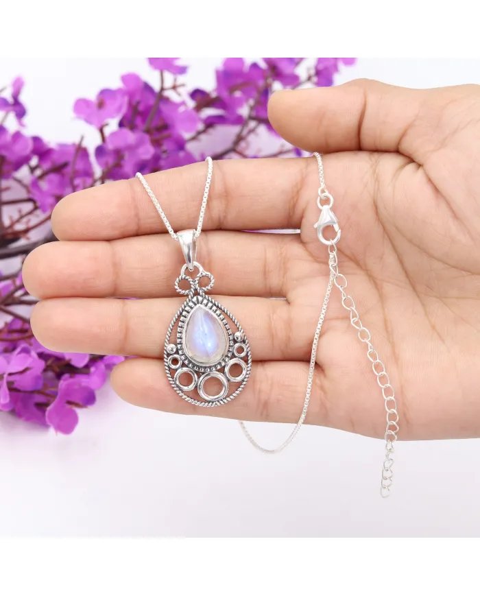 Rainbow Moonstone Pendant - Sterling Silver Necklace Handmade Pendant Statement Pendant Charm Pendant Teardrop Silver Pendant