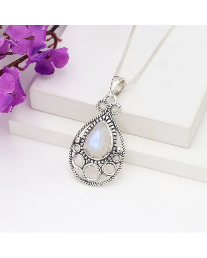 Rainbow Moonstone Pendant - Sterling Silver Necklace Handmade Pendant Statement Pendant Charm Pendant Teardrop Silver Pendant