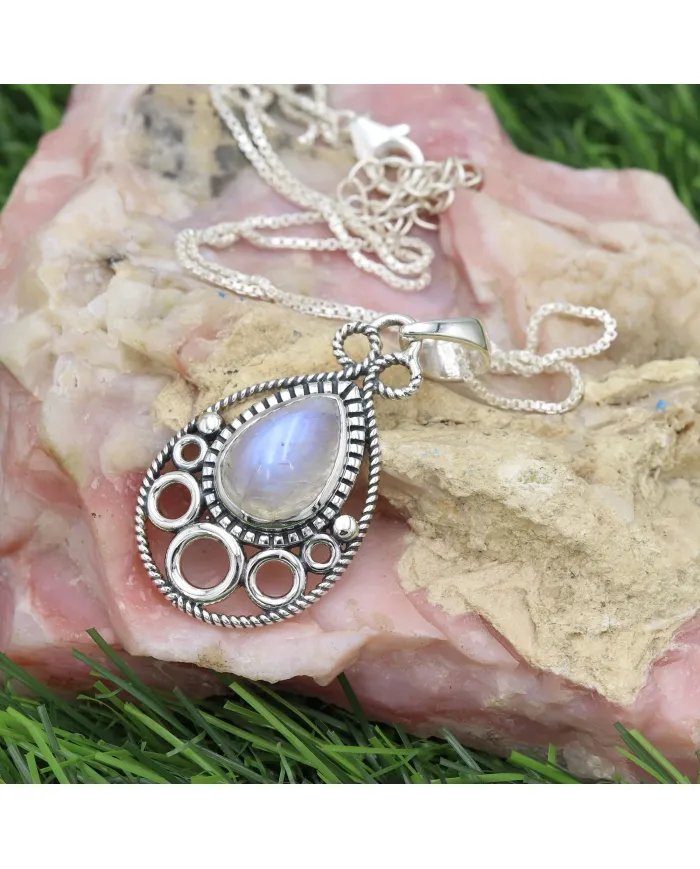 Rainbow Moonstone Pendant - Sterling Silver Necklace Handmade Pendant Statement Pendant Charm Pendant Teardrop Silver Pendant