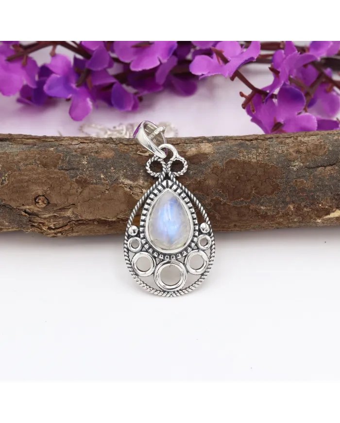 Rainbow Moonstone Pendant - Sterling Silver Necklace Handmade Pendant Statement Pendant Charm Pendant Teardrop Silver Pendant