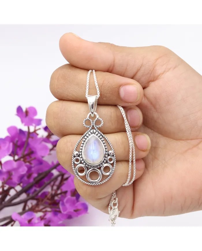 Rainbow Moonstone Pendant - Sterling Silver Necklace Handmade Pendant Statement Pendant Charm Pendant Teardrop Silver Pendant