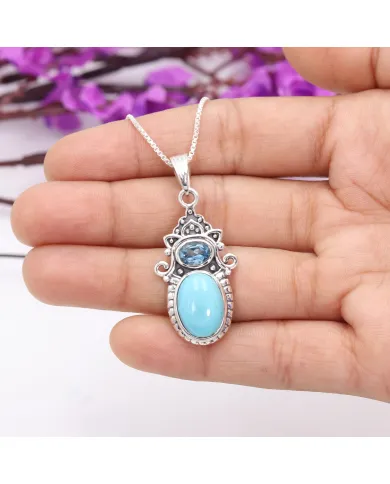Arizona Turquoise & Swiss Blue Topaz Pendant Necklace - 925 Sterling Silver Jewelry
